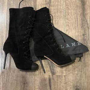 L.A.M.B. Prudence Lace Up Midcalf Heeled Boots in Black Suede comes w/ dust bag